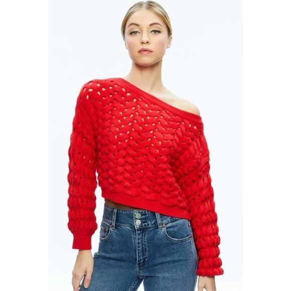 Alice + Olivia Allene Cable Stitch Red Cropped Off Shoulder Sweater Size L - Picture 1 of 11